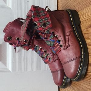 RARE Dr Martens Aimilie Cherry Red Plaid Tartan Darkened Mirage Foldover boots